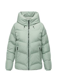 Lys grøn puffjakke med en stor, sammenfoldelig hætte, frontlynlås og to sidelommer. Har en quiltet tekstur og elastiske manchetter.