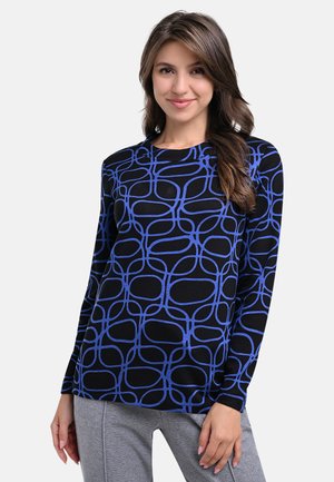 Long-sleeve top in black with a blue abstract pattern. Made of a soft fabric, features a round neckline and fitted cut.