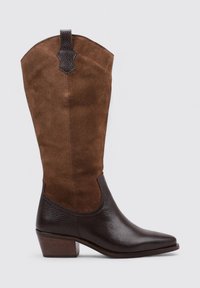 Bottes de cowboy en cuir marron et daim avec un bout pointu, présentant un talon de hauteur moyenne et un motif texturé sur la partie inférieure.