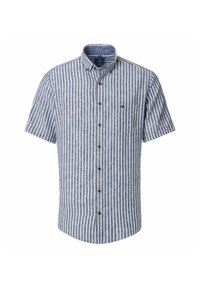 Korte mouw gestructureerde overhemd met een blauw-witte gestreepte patroon, voorzien van een borstzak en een puntige kraag.