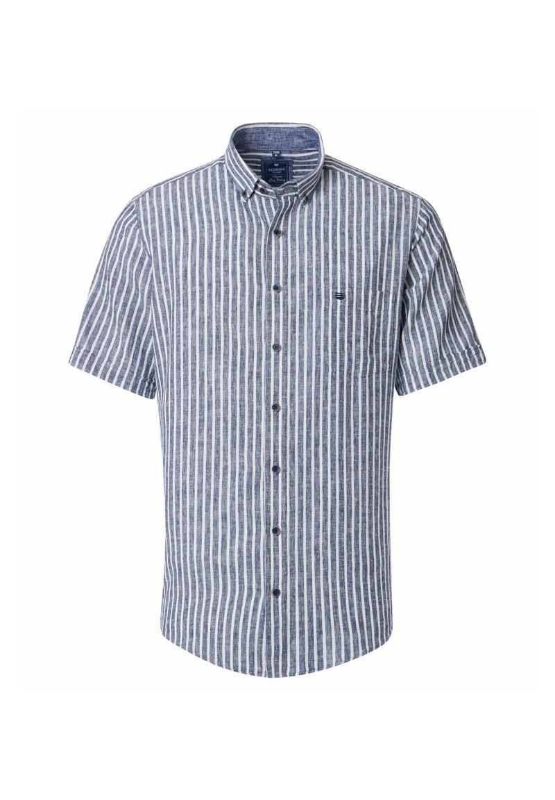 Korte mouw gestructureerde overhemd met een blauw-witte gestreepte patroon, voorzien van een borstzak en een puntige kraag.