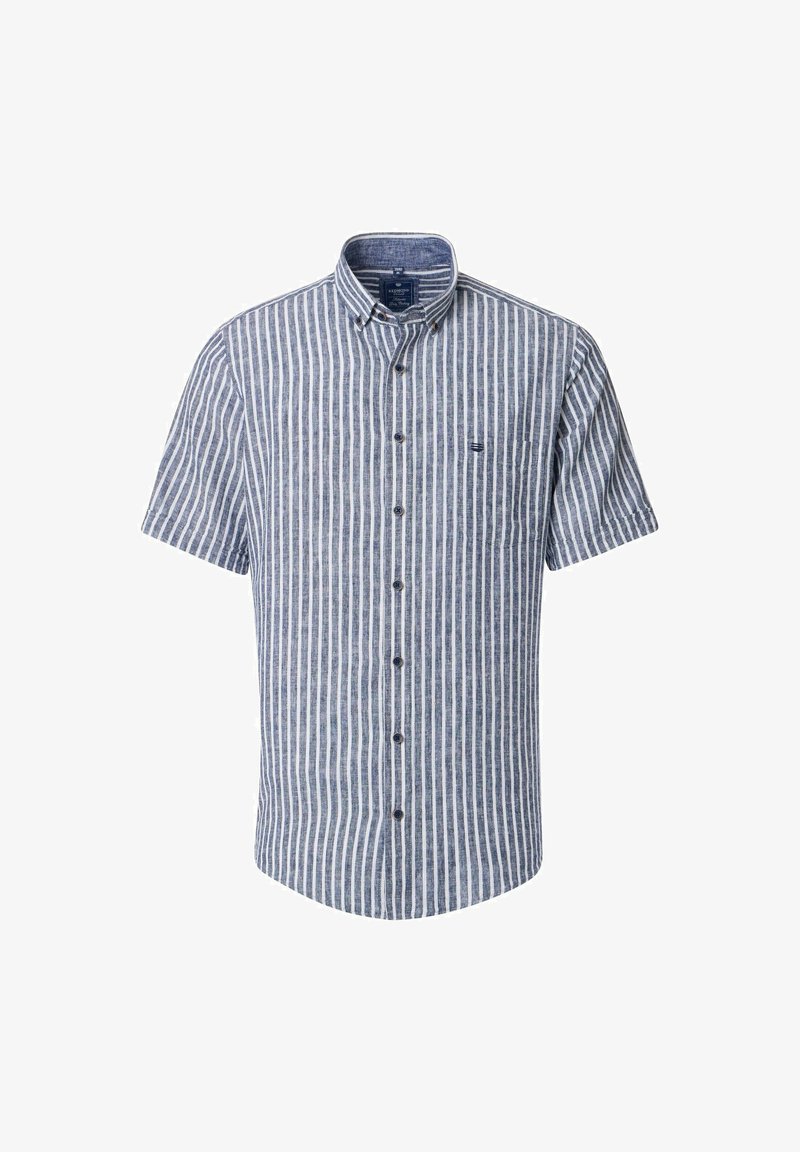 Korte mouw gestructureerde overhemd met een blauw-witte gestreepte patroon, voorzien van een borstzak en een puntige kraag.