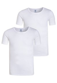 Deux t-shirts en coton blanc uni à manches courtes et à encolure ronde, présentant une texture lisse et sans motifs ni accents visibles.