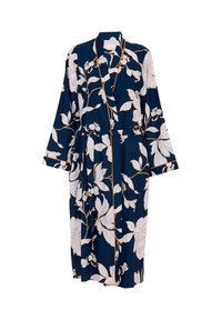 Robe met bloemenpatroon in donker marineblauw, met witte en gouden accenten. Gemaakt van zachte stof met lange mouwen en een zelfsluitende riem.