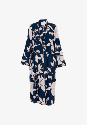 Floral-patterned robe in dark navy, featuring white and gold accents. Made of soft fabric with long sleeves and a self-tie belt.