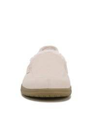 Light pink suede slip-on shoes with a soft fur lining and a flexible rubber sole, featuring rounded edges and minimal stitching details.