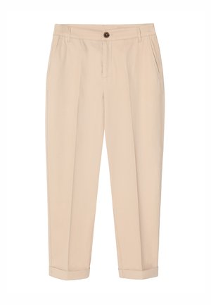 Beežid sirged püksid, millel on nööpkinnitus, vöökardinad, küljetaskud ja mansettidega sääred.