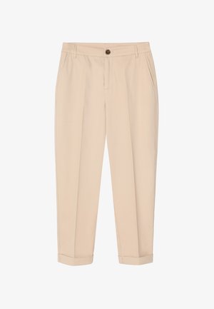 Bézs egyenes szárú nadrág gombos záródással, övbújtatókkal, oldalzsebekkel és hajtott szegéllyel.