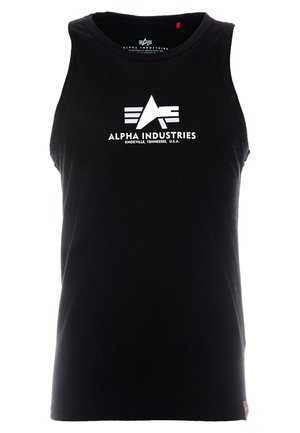 Schwarzes ärmelloses Tanktop mit weißem Alpha Industries-Logo und dem Text "Knoxville, Tennessee, U.S.A." auf der Brust.