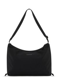 Schwarze Nylontasche mit abgerundetem Oberteil, verstellbarem Tragegurt und Logo-Details. Glatte Textur und minimalistisches Design ohne sichtbare Beschläge.