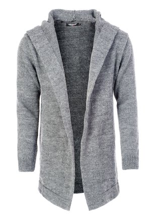 Gray knitted cardigan with a hood, open front, ribbed cuffs, and textured fabric. Features a subtle pattern throughout.
