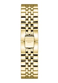 Reloj de metal dorado con una esfera rectangular, que presenta un diseño de pulsera enlazada. Superficie suave con acentos de textura pulida y cepillada.