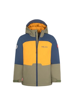 Children's winter jacket with hood, featuring blue, yellow, and olive green color blocks and a front zipper.
