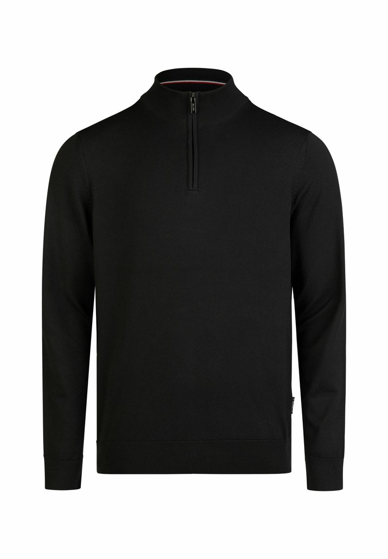 Schwarzer Pullover mit hohem Kragen und halbem Reißverschluss. Aus einem weichen Stoff gefertigt, verfügt er über gerippte Bündchen und Saum für eine bequeme Passform.