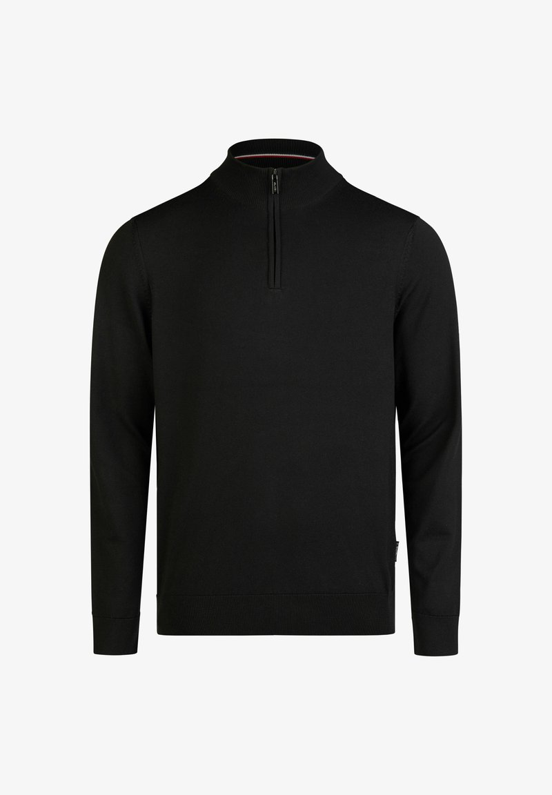 Schwarzer Pullover mit hohem Kragen und halbem Reißverschluss. Aus einem weichen Stoff gefertigt, verfügt er über gerippte Bündchen und Saum für eine bequeme Passform.