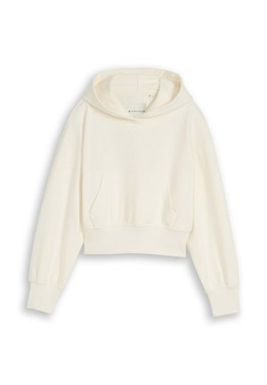 Felpa corta color crema con maniche lunghe, tasca a marsupio frontale e polsini e orlo a coste, distesa su sfondo bianco.