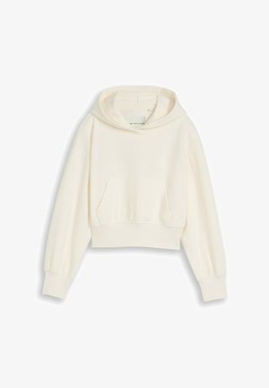 Roomkleurige cropped hoodie met lange mouwen, voorzak in kangaroestijl en geribbelde boorden aan mouwen en zoom, plat gelegd op een witte achtergrond.