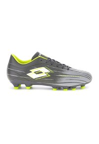 Chaussure de football gris foncé avec intérieur jaune néon, crampons et logo, comportant des lacets et une tige texturée pour une meilleure adhérence et contrôle.