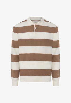 Braun-weißer gestreifter Polopullover, gestrickter Stoff, lange Ärmel, Knopfleiste mit drei Knöpfen, gerippte Bündchen und Saum.