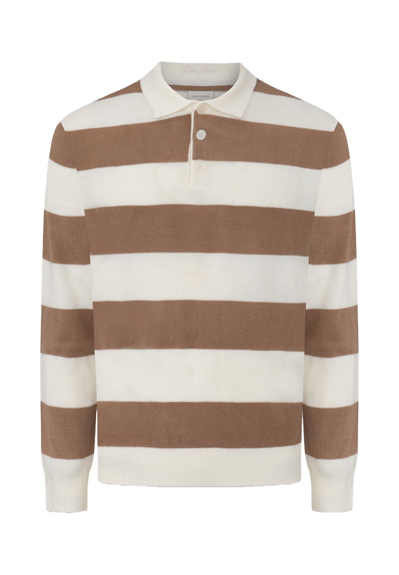 Braun-weißer gestreifter Polopullover, gestrickter Stoff, lange Ärmel, Knopfleiste mit drei Knöpfen, gerippte Bündchen und Saum.