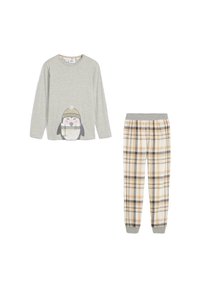 Maglia grigia a maniche lunghe con grafica di pinguino; pantaloni da pigiama a quadri beige con elastiche in vita e caviglie con polsini. Materiale 100% cotone.