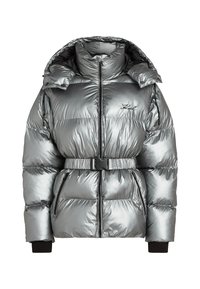 Giubbotto gonfiabile argento con colletto alto, chiusura con zip e cintura staccabile. Presenta polsini a coste e texture trapuntata con accenti neri.