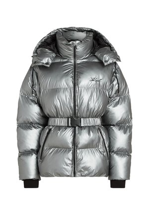 Silver puffer jacket with a high collar, zip closure, and detachable belt. Features ribbed cuffs and quilted texture with black accents.