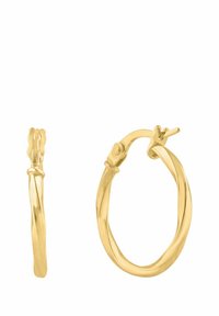 Zlaté kruhové náušnice s prekrúteným dizajnom a zapínaním na zámok. Obsahujú menší náušník v štýle ear cuff s rovnakým dizajnom. Lesklý povrch.