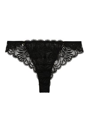 String noir en dentelle avec motif floral, bords festonnés et petit accent en matériel doré. Texture légère et délicate.
