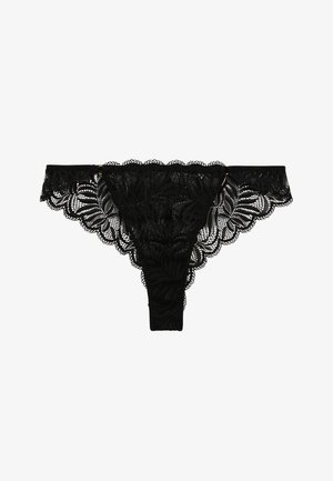 String noir en dentelle avec motif floral, bords festonnés et petit accent en matériel doré. Texture légère et délicate.