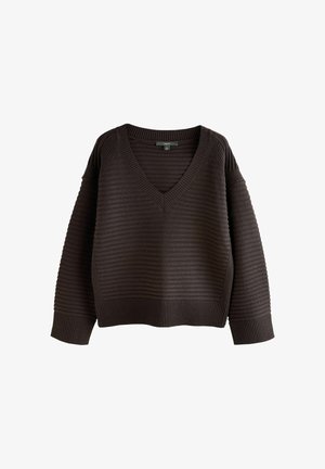 Tumši brūns ribots adīts džemperis ar V veida kakla izgriezumu, garām piedurknēm un ribotām piedurknēm un apakšdaļu, izklāts uz baltas fona.