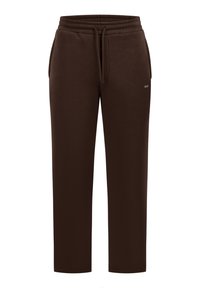 Dunkelbraune lässige Jogginghose mit elastischem Bund, Kordelzug, Seitentaschen und einem kleinen Logo am rechten Oberschenkel.