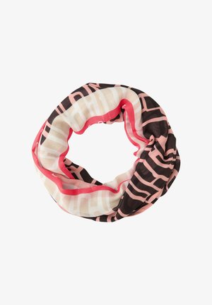 Okrągły szalik wykonany z lekkiego materiału. Posiada geometryczny wzór w odcieniach różu, kremu i czerni, z czerwonym akcentem na krawędzi.