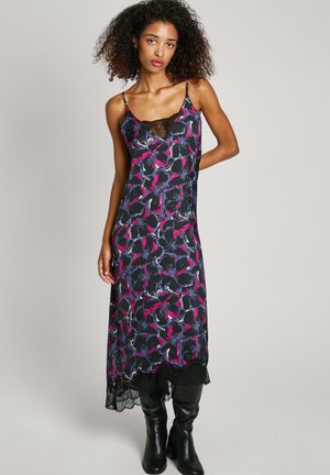 Floral print maxi dress with thin straps, featuring a lace trim neckline and hem. Colors include navy, pink, and black.