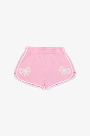 Rosa Baumwollshorts mit weißen Seitenstreifen und bogenförmigen Applikationen auf den Taschen. Mit elastischem Bund für mehr Komfort. Besticktes Logo in Weiß.