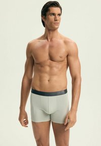 Jasnoszare bokserki z czarnym pasem, o gładkiej fakturze i dopasowanym kroju, prezentowane na modelu.