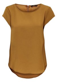 Senapsgul topp med kort ärm, rund halsringning och dragkedjeslutning i ryggen. Slät textur och lätt böjd fåll.