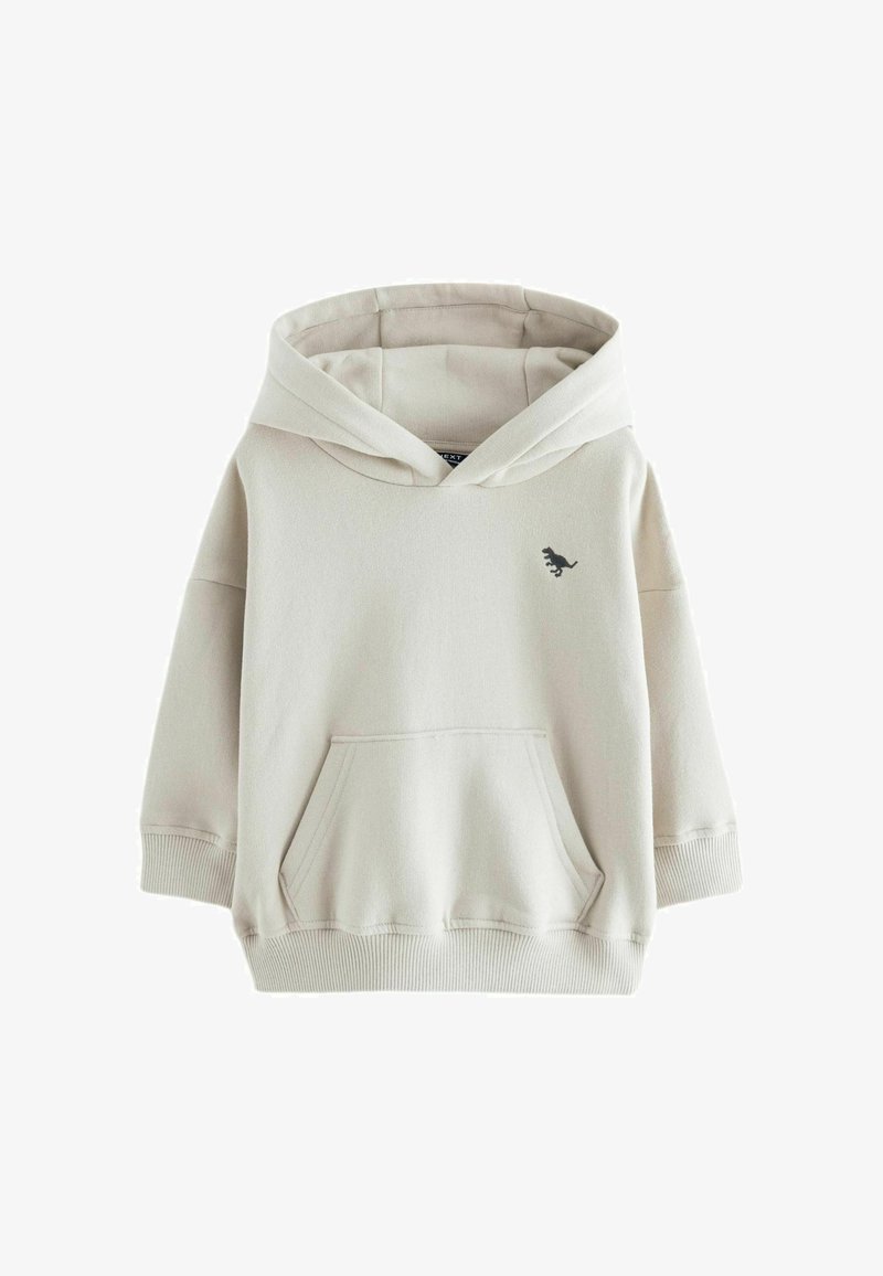 Felpa cappuccio beige chiaro realizzata in misto cotone. Presenta una tasca a marsupio e un piccolo logo di un dinosauro nero sul petto. Polsini a costine.