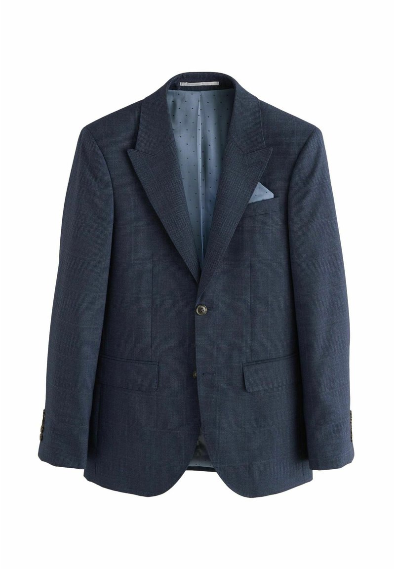 Blazer blu scuro realizzato in tessuto testurizzato, caratterizzato da un colletto a revers, due tasche frontali, chiusura con un solo bottone e una fodera a motivi blu chiaro.
