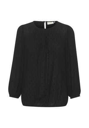 Black blouse with long puff sleeves, round neckline, textured fabric featuring small patterns, and a keyhole back closure.