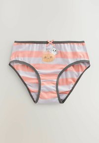 Mutande a strisce in rosa e grigio, con un motivo ricamato di una zucca e un fantasma. Accentuate con un piccolo fiocco rosa e bordo grigio.