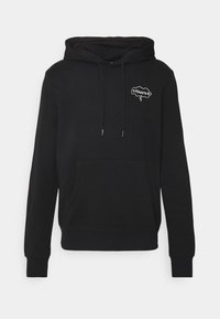 Czarna bluza z kapturem wykonana z miękkiego materiału, z kieszenią kangurka, sznurkami oraz białym napisem „PEANUTS” na piersi.