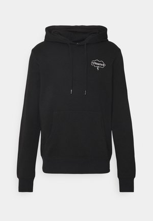 Sudadera con capucha negra de tela suave, con bolsillo canguro, cordones y un logo blanco "PEANUTS" en el pecho.