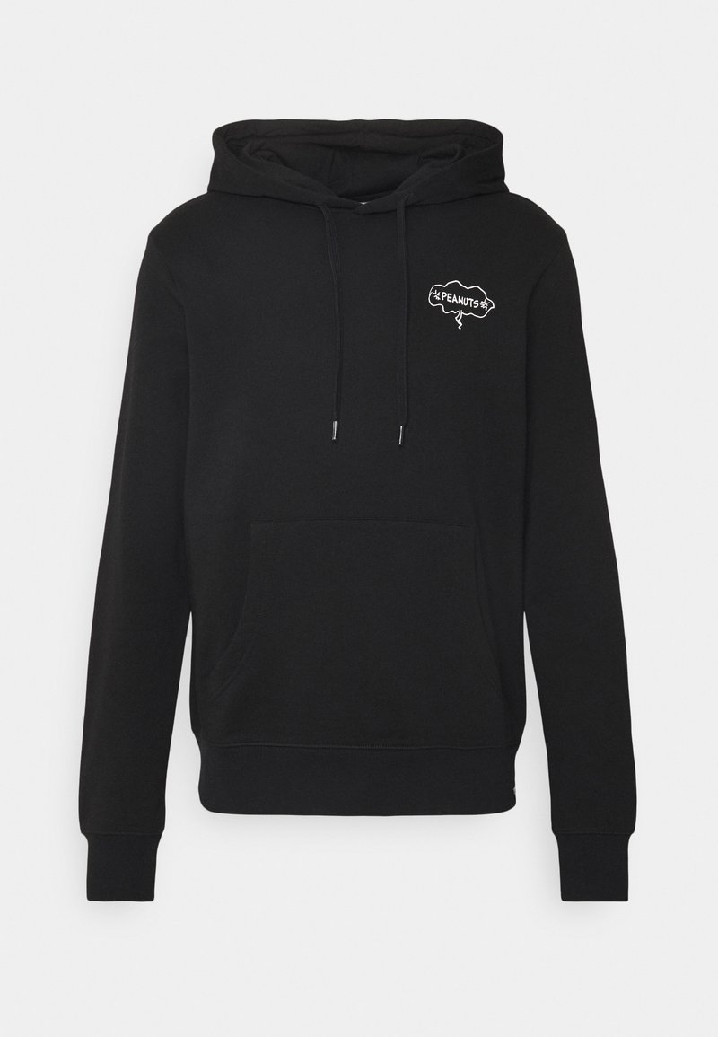 Czarna bluza z kapturem wykonana z miękkiego materiału, z kieszenią kangurka, sznurkami oraz białym napisem „PEANUTS” na piersi.