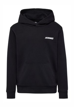 Zwarte hoodie van zachte stof, met een voorkantzak, geribde manchetten en een wit "HUMMEL" logo op de borst.