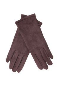 Paar dunkelbraune weiche Stoffhandschuhe, flach ausgelegt, wobei ein Handschuh den anderen auf weißem Hintergrund überlappt.