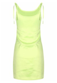 Rochie mini verde neon dintr-un material neted. Dispune de bretele reglabile și un decolteu rotund. Design simplu, ajustat.