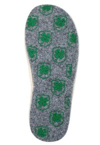 Felt insole with gray base, featuring green shamrock and shield patterns, and a soft textured finish. Edges are cleanly cut.