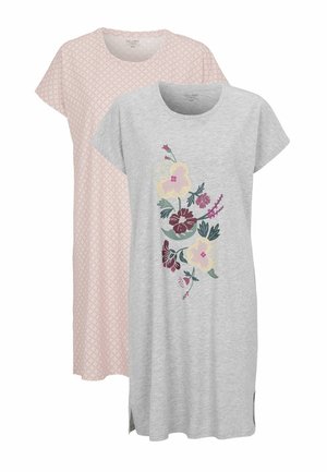 Två korta nattlinnen: det ena rosa med ett geometriskt mönster, det andra grå med blommönster broderat i gult, rött och grönt.