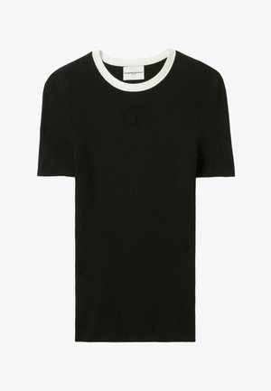 T-shirt noir à manches courtes côtelé avec un col rond blanc et un logo texturé subtil sur la poitrine.